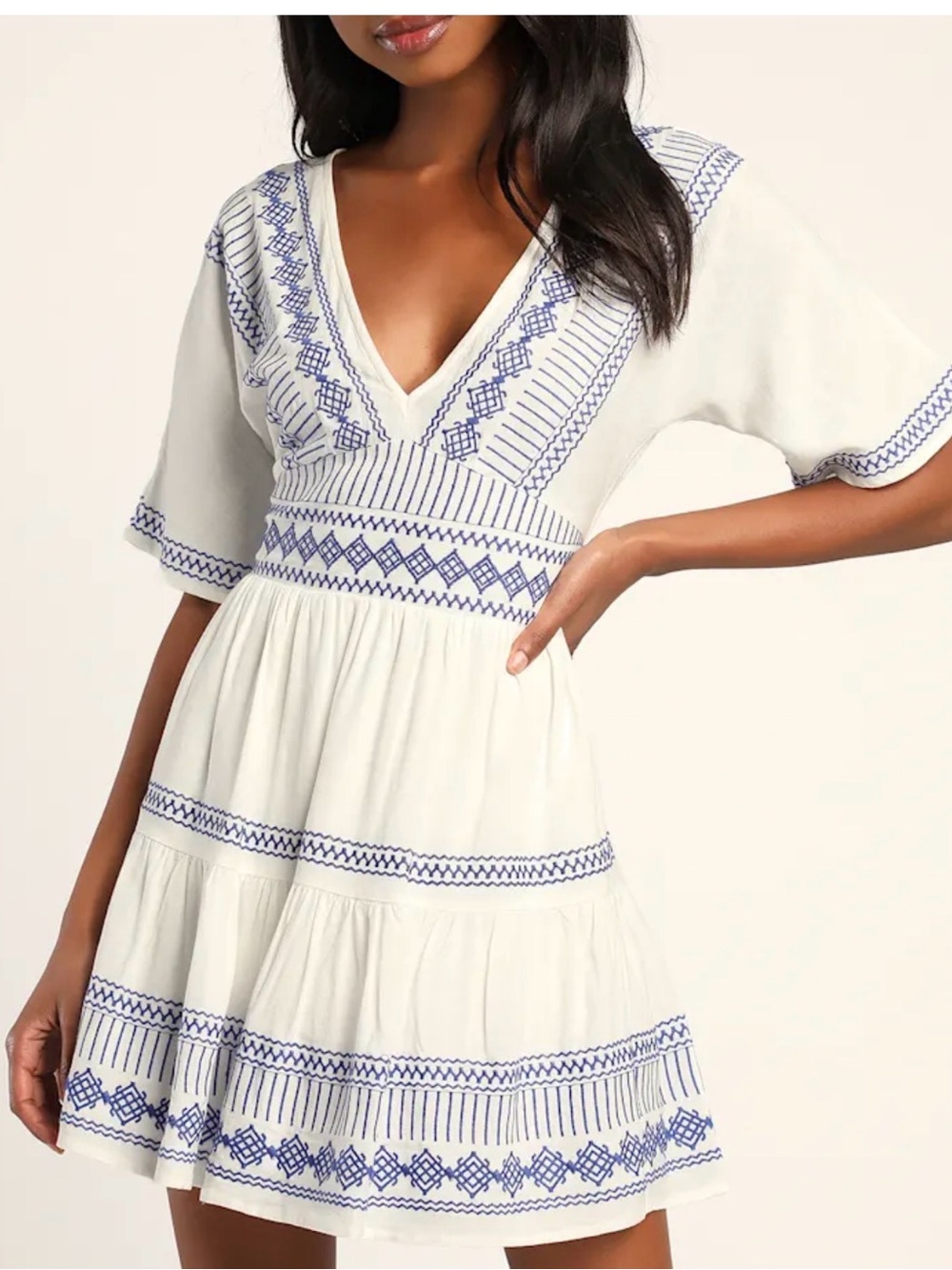 Lulu's White Mini Dress with Blue Embroidered Trim - Gone to Greece size large - Picture 1 of 7